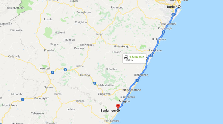 Directions Durban to Sanlameer